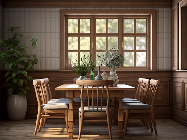 Elegant wood dining room with classic furniture warm interior AI Generation