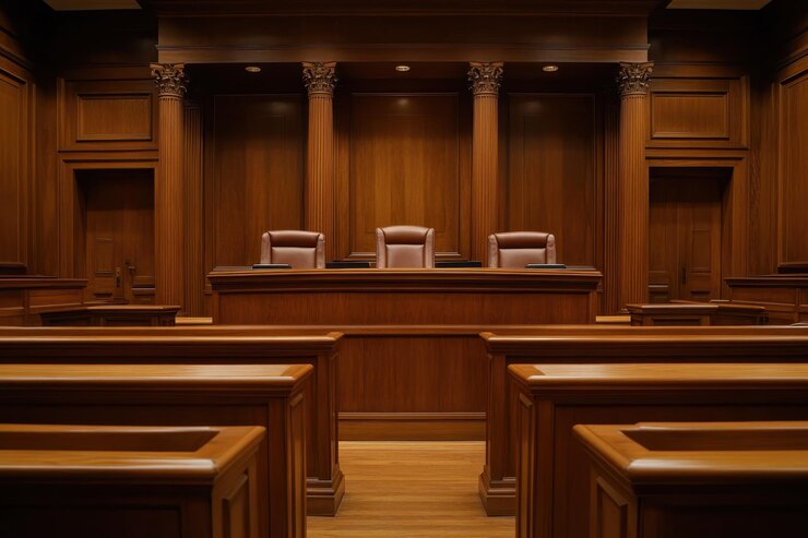 優雅 な 木製 の 裁判 室 の 内装 に は,裁判 官 の 3 つの 椅子 と 訪問 者 たち の ため の 広大な 座席 が あり ます