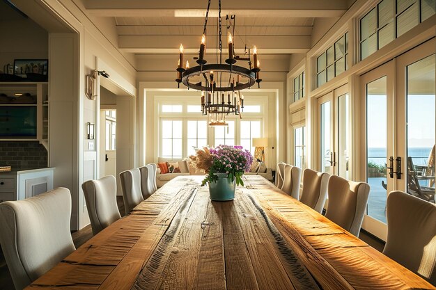 Photo elegant wooden dining table with modern chairs