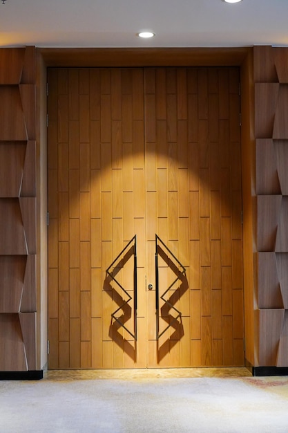 Elegant wooden door portrait illuminated by the spotlight