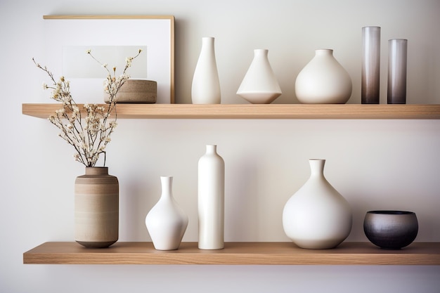 シンプルなキッチンにモダンな花瓶を飾るエレガントな木製の棚
