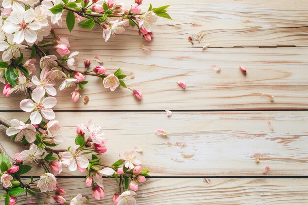 Photo elegant wooden surface with vibrant spring floral arrangement