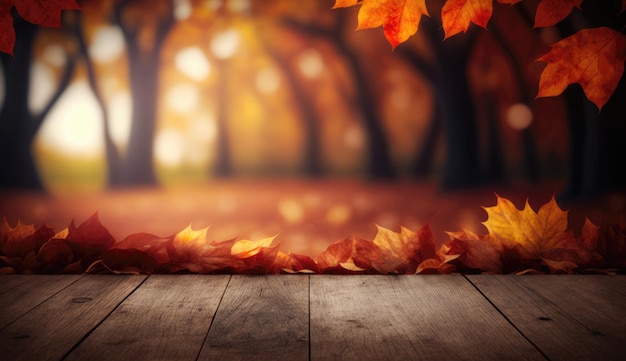 Elegant wooden table set against an autumn background