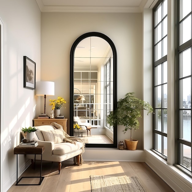 Elegant woonkamerinterieur met grote ramen en gebogen spiegel