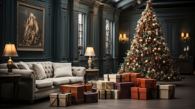 Elegant woonkamerinterieur verfraaid met een kerstboom en vakantiepakketten