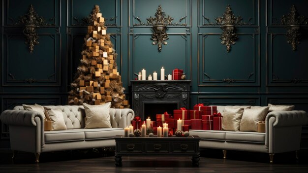 Elegant woonkamerinterieur verfraaid met een kerstboom en vakantiepakketten