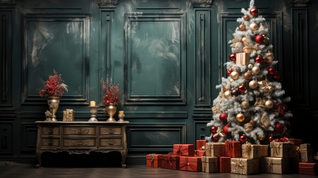 Elegant woonkamerinterieur verfraaid met een kerstboom en vakantiepakketten