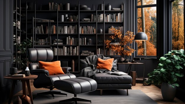 Elegant work and study interior with black nice chair