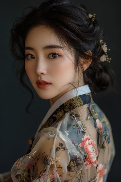 Elegant young Asian woman in traditional attire with floral patterns looking over her shoulder