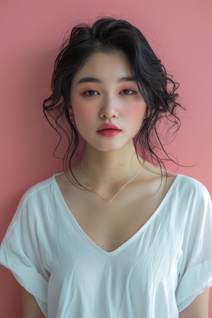 Elegant Young Asian Woman with Casual White Top Against Pink Background