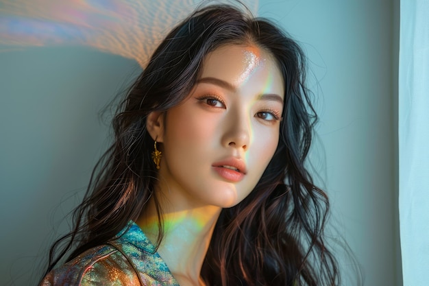 Elegant Young Asian Woman with Colorful Light Reflections on Face and Natural Makeup in a Beautiful