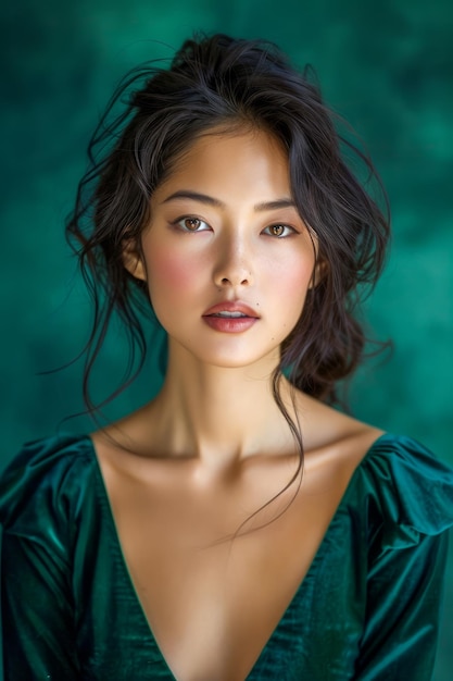 Элегантная молодая азиатка с естественным макияжем и пушистыми волосами позирует в зеленом платье.