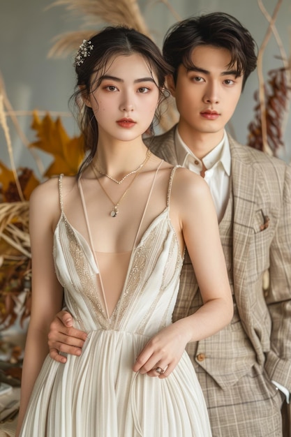 Элегантная молодая пара в модном наряде позирует для романтической фотосессии с осенними листьями