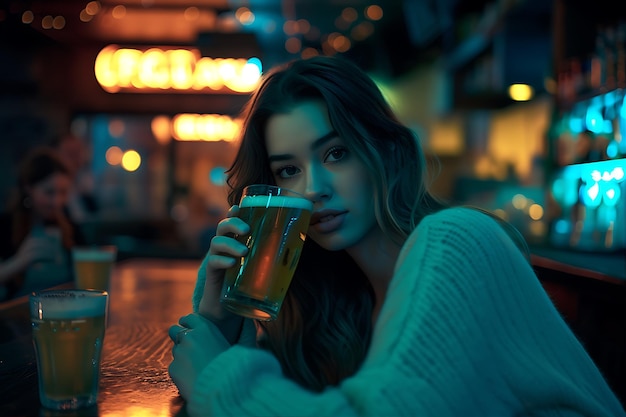 Photo elegant young lady sips beer at a bar