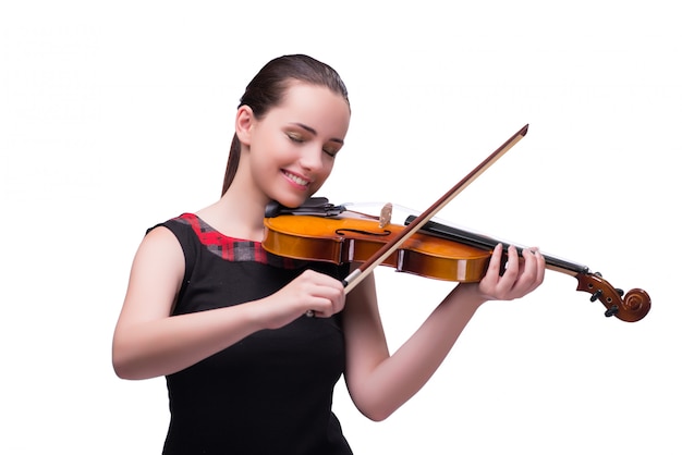 Elegant young violin player isolated on white