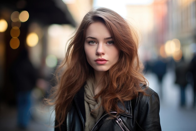 Elegant Young Woman in Black Coat Street Photography AI Generated