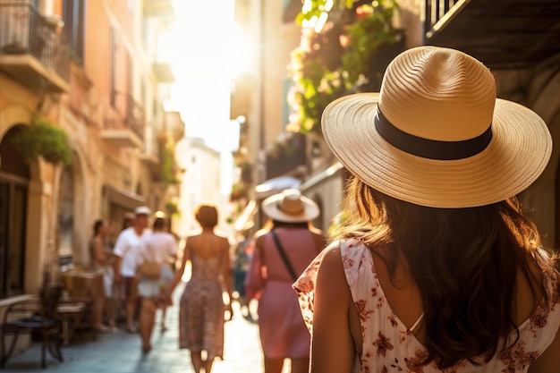 Elegant Young Woman Embracing the Warmth of Summer as She Walks Down the Lively City Streets