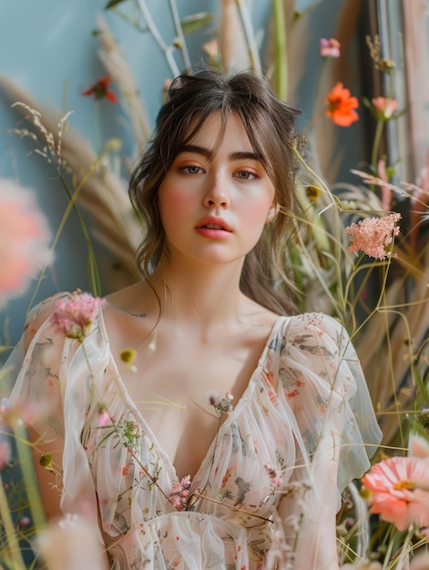 Elegant Young Woman in Floral Dress Posing with Dreamy Expression amidst Beautiful Blooms