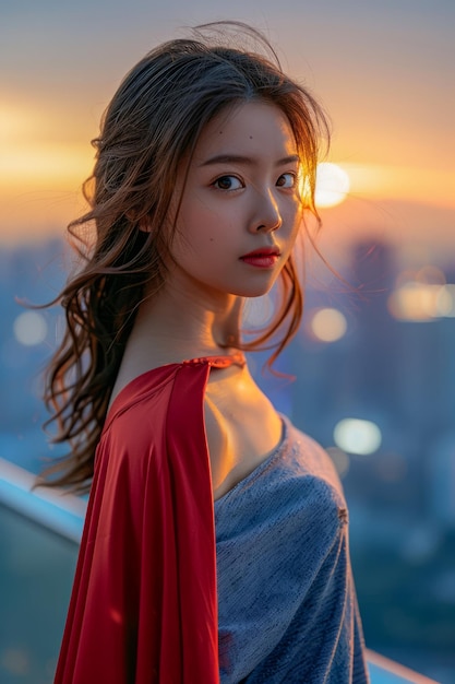 Элегантная молодая женщина в красно-сером наряде позирует на закате с красивым городским фоном