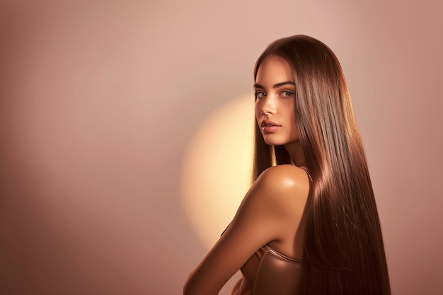 Photo elegant young woman showcasing long shiny hair in studio generative ai