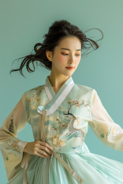 Elegant Young Woman in Traditional Korean Hanbok Dress with Flowing Hair on Pastel Background