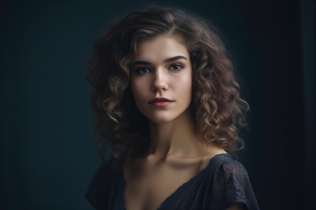 Elegant young woman with curly hair wearing a dark gray offshoulder dress