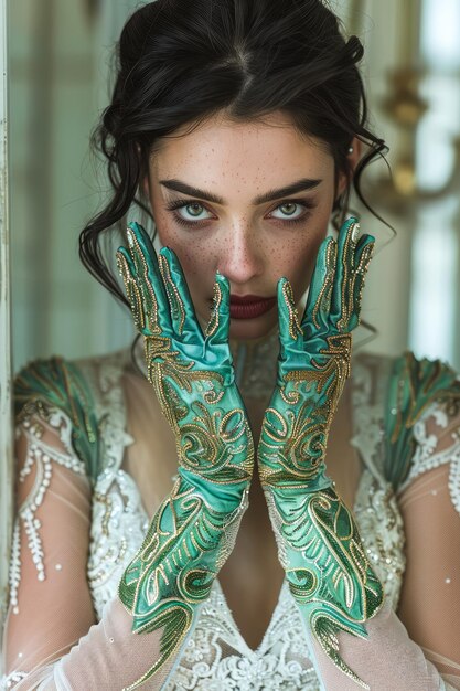 Photo elegant young woman with intricate green gloves posing vintage inspired fashion portrait
