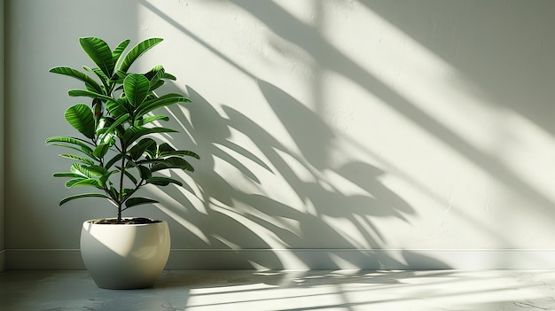 An elegant Zamiokulcas plant stands on a white backdrop The shadow of the plant Zamiokulcas is cast against the light wall of the living room