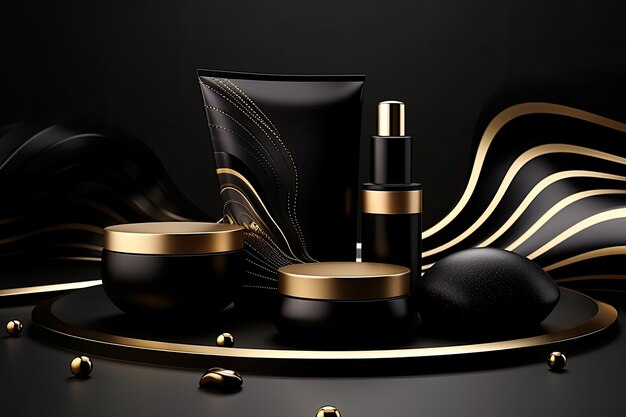 Foto elegante 3d abstract render luxe cosmetische en huidverzorging verpakking mockup in zwart en goud