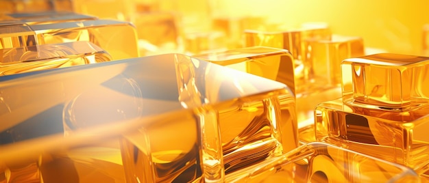 Elegante 3D-abstracte achtergrond met glanzende glazen kubussen in gouden en gele tinten