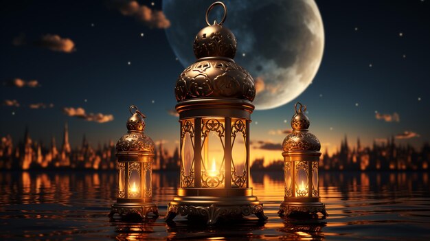 Elegante 3D islamitische lantaarn met een prachtige nachtscène generatieve ai