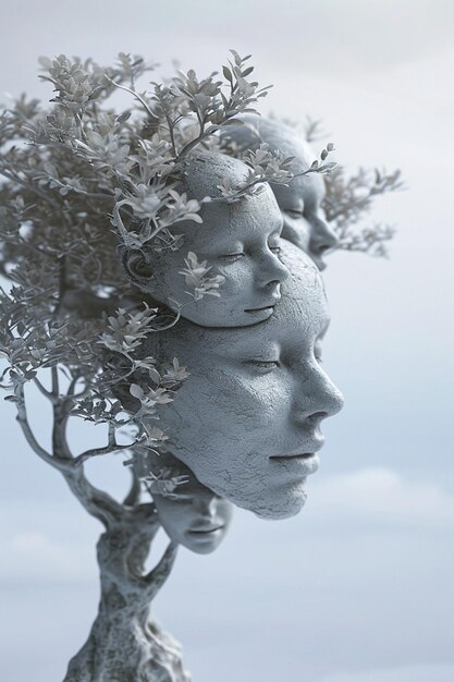 Elegante 3D-weergave van een boom met takken en bladeren die subtiel een netwerk van vrouwelijke gezichten vormen
