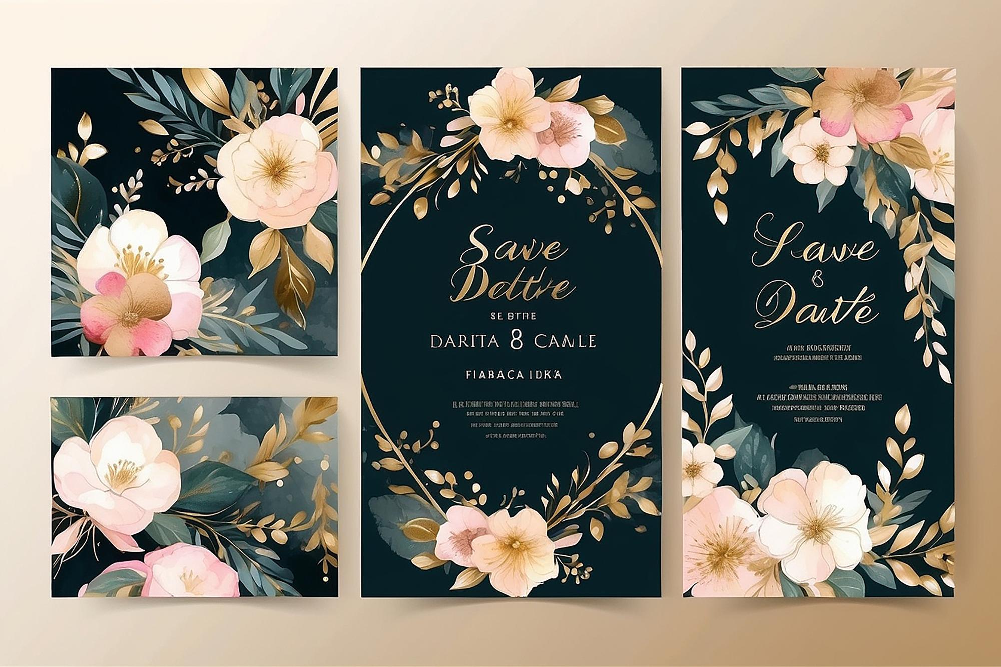 Elegante abstracte achtergrond Wedding uitnodigingskaart sjabloon set met bloemen en goud waterverf decoratie voor save the date