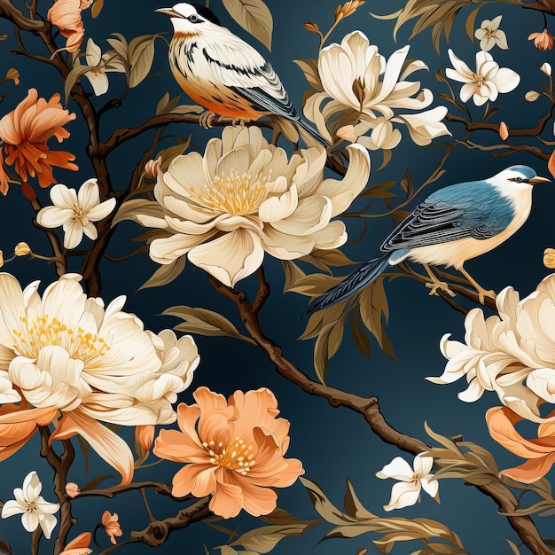Elegante achtergrond van chinoiseriestof met tijdloze bloemen- en vogelmotieven