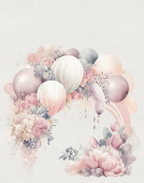 Elegante aquarel boog van ballonnen en bloemen in delicate pastelkleuren, huwelijksboog, huwelijksinv