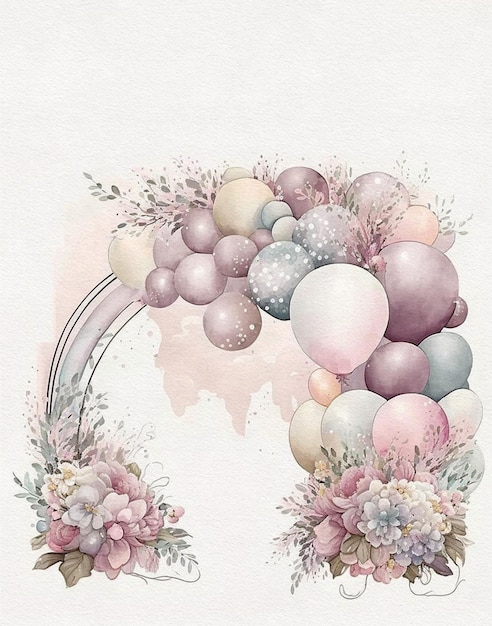 Elegante aquarel boog van ballonnen en bloemen in delicate pastelkleuren, huwelijksboog, huwelijksinv