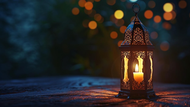 Elegante Arabische lamp versierd met een brandende kaars in de avond Feestkaart voor de islamitische heilige maand Ramadan Kareem