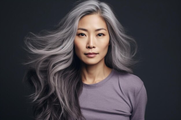 Elegante Aziatische matriarch met sierlijke grijze tresses gevangen in Serene Portret tegen Subdued Gray