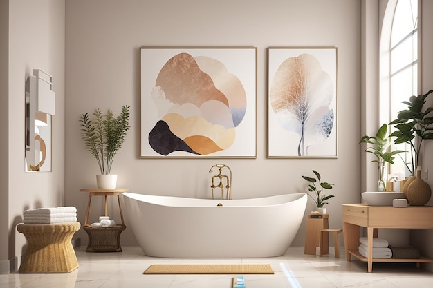 Elegante badkamer met een schone muur met kunstwerken