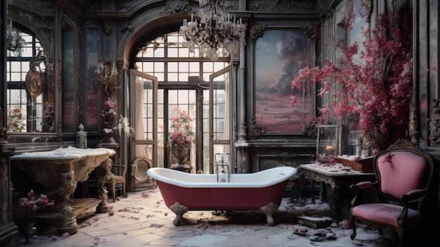 Elegante badkamer met klauwvoet badkuip en kroonluchter