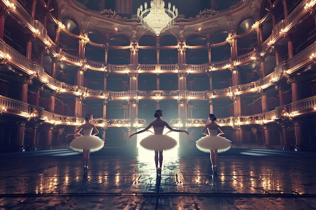 Foto elegante ballerinas repeteren in een groot theater.