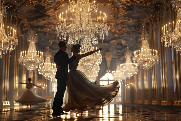 Foto elegante ballroomdansers draaien onder kristallen ch