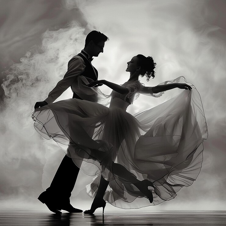 Elegante ballroomdansers in sierlijke poses.