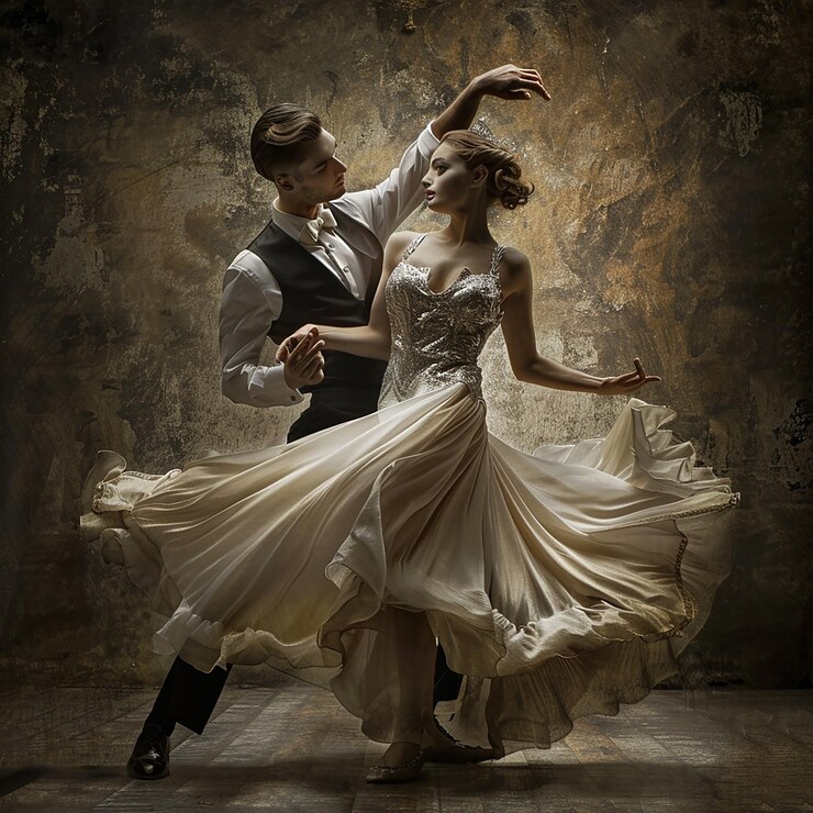 Elegante ballroomdansers in sierlijke poses.