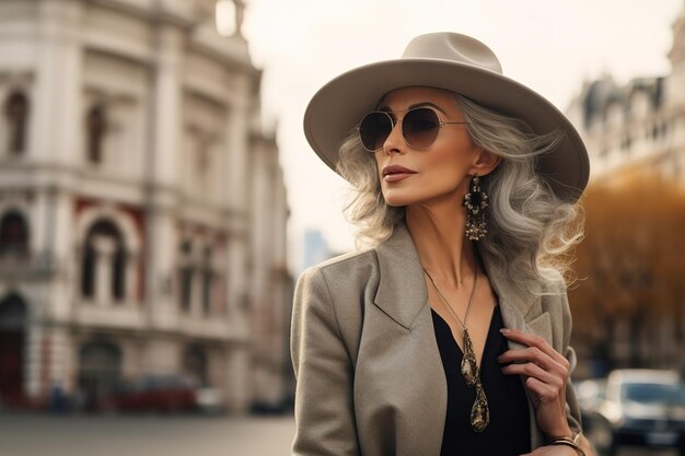 Elegante bejaarde blonde vrouw met een stijlvolle hoed die door het stadscentrum loopt en de essentie van stedelijke mode en gratie overbrengt