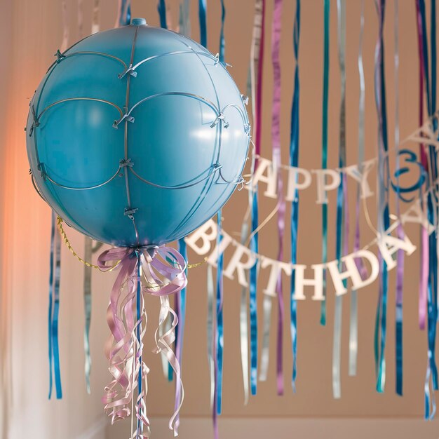 Foto elegante blauwe ballon en lint gelukkige verjaardag viering banner achtergrond