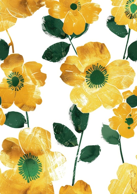 Elegante bloemen geschilderd met gouden blad accenten tegen een groene achtergrond op een wit doek