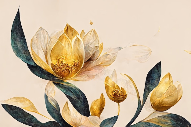 Elegante bloemen met gouden blad en twijgen op lichte achtergrond naadloze patroon van handgetekende borstel kleuren patroon Vintage decoratief element voor kaarten 3d illustratie