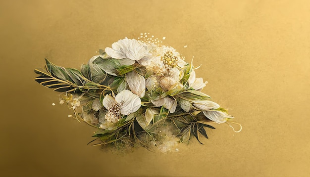 Elegante bloemen met gouden bladeren en takken op een lichte achtergrond Naadloze handgetekende penseelpatroon Vintage decoratief element voor ansichtkaarten 3d illustratie