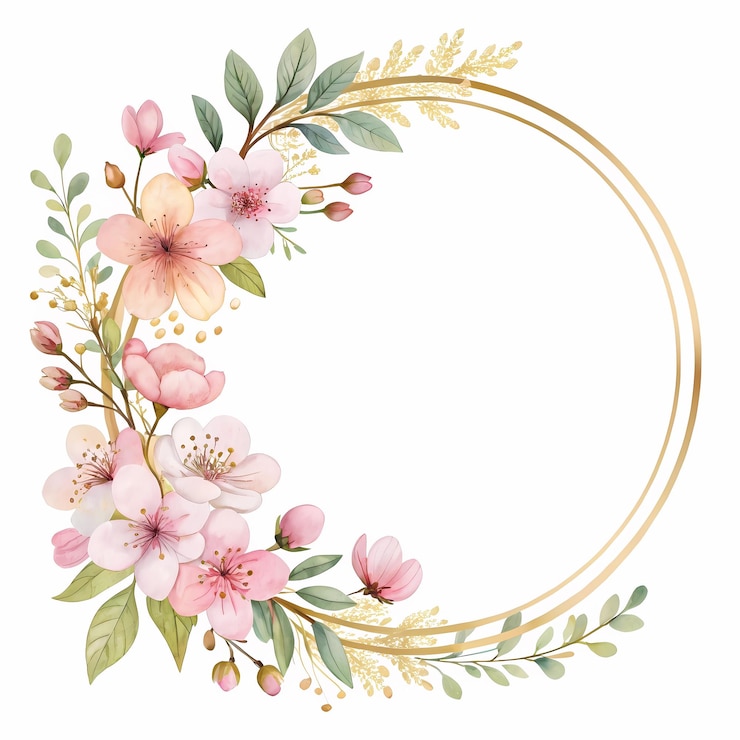 Foto elegante bloemenkrans met roze kersenbloesems en gouden frame